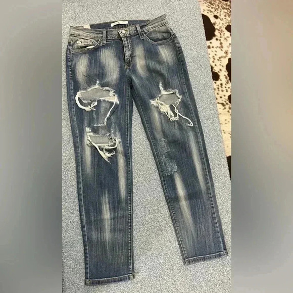 KanCan Women’s Jeans Size 25 Mid Rise Boyfriend Cropped Distressed Blue #1863 - Picture 2 of 9